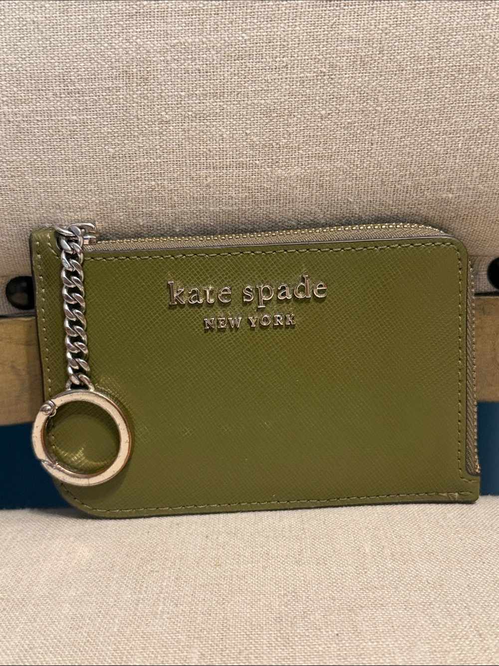 Kate Spade Olive Green Leather Zip Card Case with Keyring